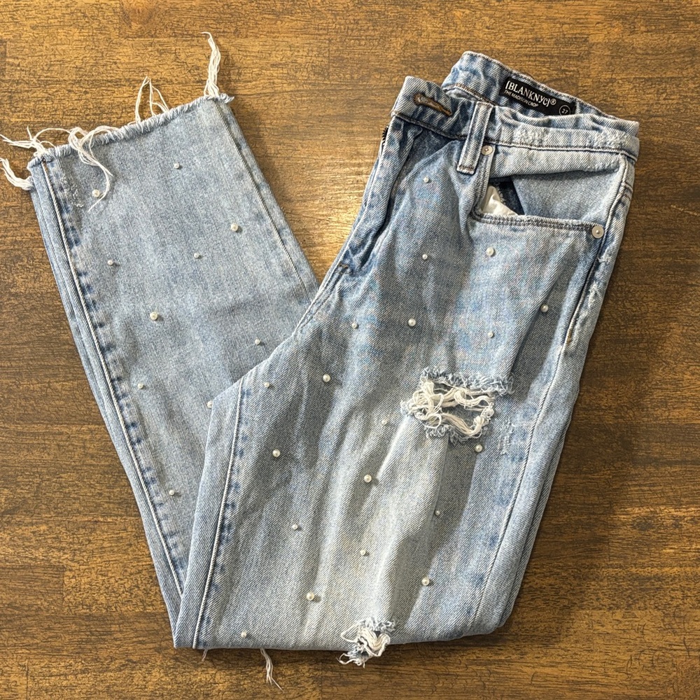 Blank NYC Light Blue Distressed Jeans with Pearl Details
